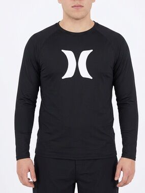 Hurley Mens XL Rash Guard‎ Long Sleeve Black Performance Swim Shirt Logo Raglan